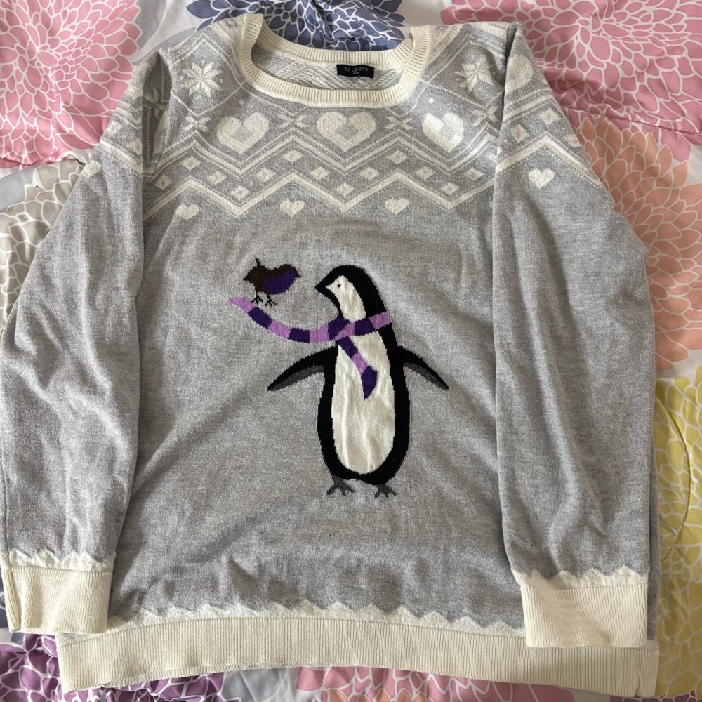 Talbots Pullover Fair Isle Gray Penguin Sweater